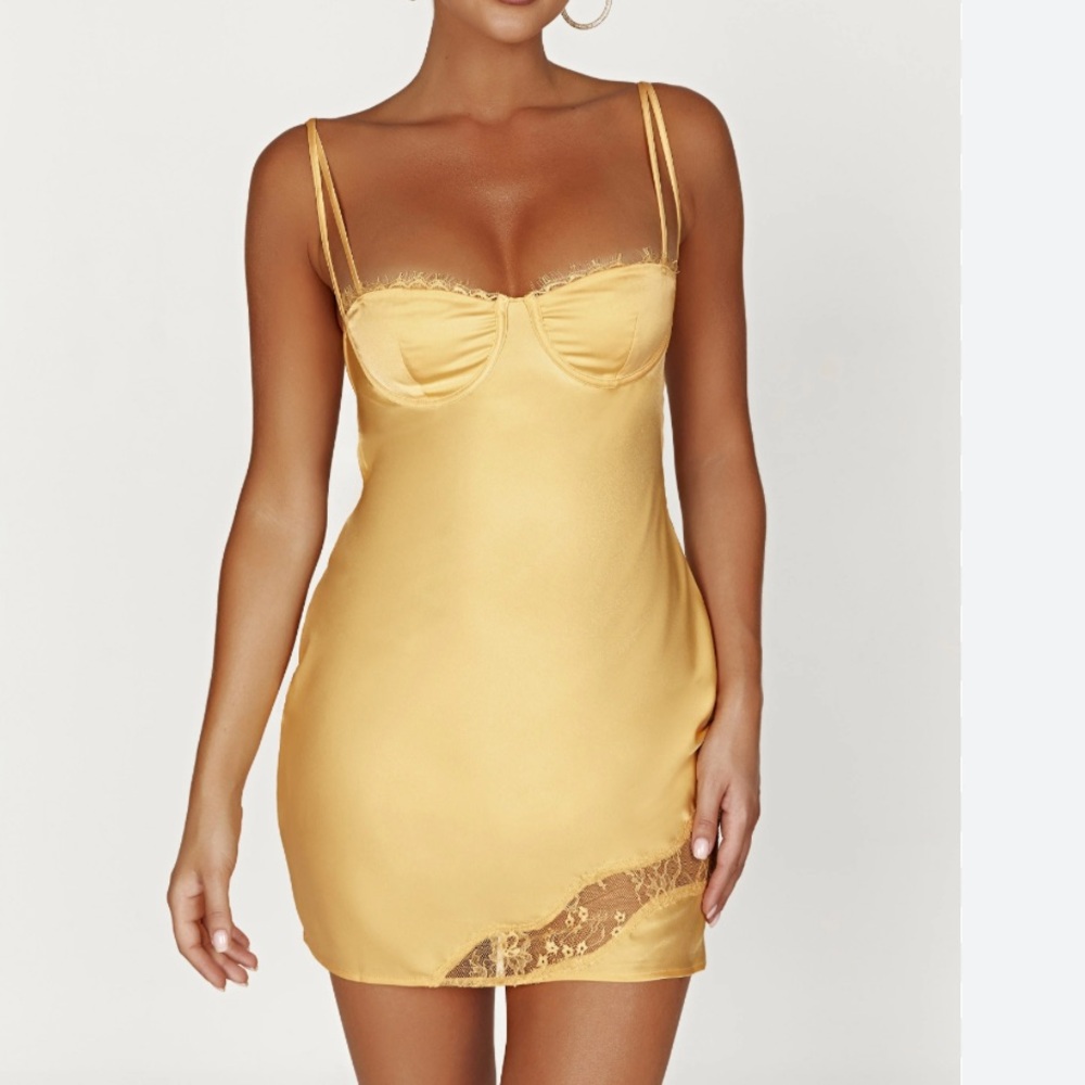 Meshki Satin Lace Slip Mini Dress - Lemon